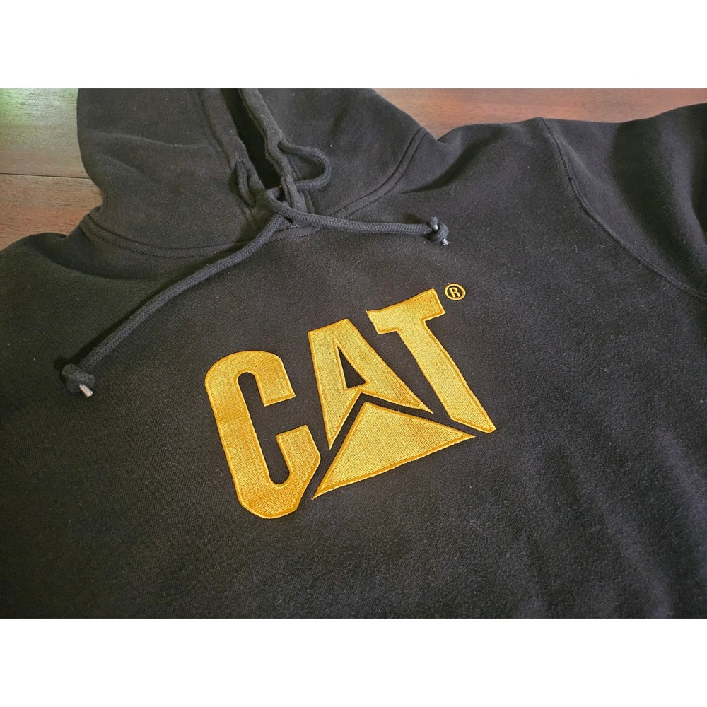 Caterpillar CAT Hoodie Mens XL Black Yellow Embroidered Logo Pullover Fleece